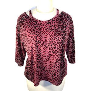 Sportelle Knit Top Blouse 2X Women Rose Pink Black Animal Print Cutout Boat Neck
